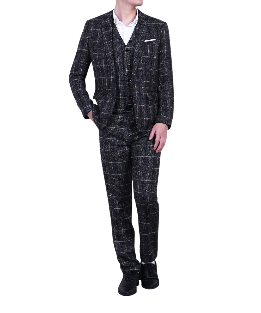 Men's Plaid One Button Wool Suit 3-piece Suit Dark Grey