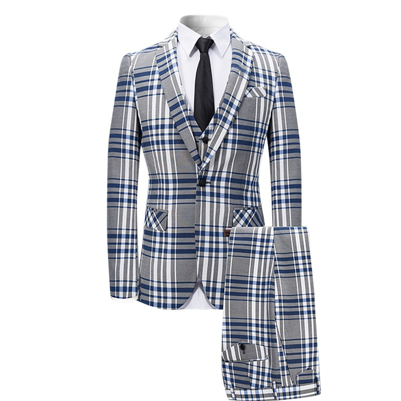 Three Piece Slim Fit Casual Plaid Grey Suit