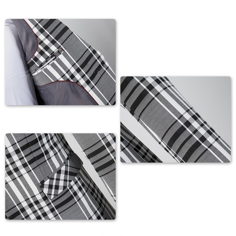 3-Piece Slim Fit Casual Suit Plaid Grey Suit