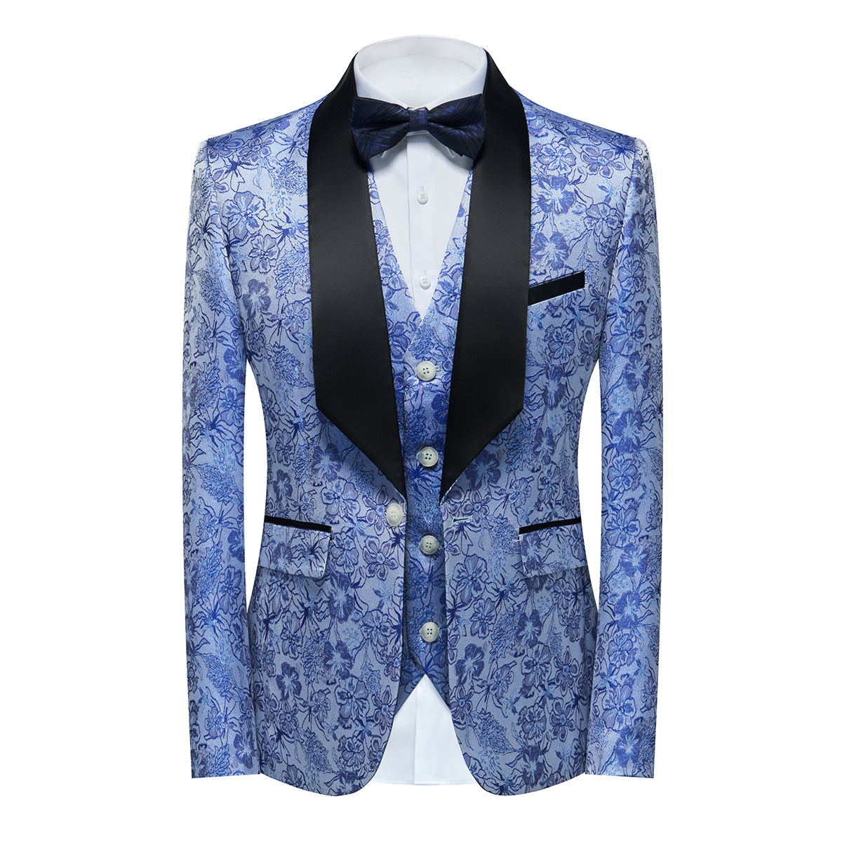Men's Shawl Collar Print Suit 3-Piece Dress Suit Blue
