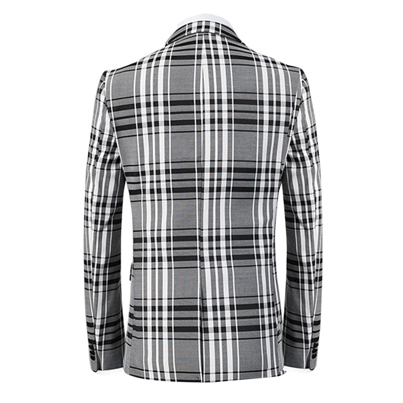 3-Piece Slim Fit Casual Suit Plaid Grey Suit