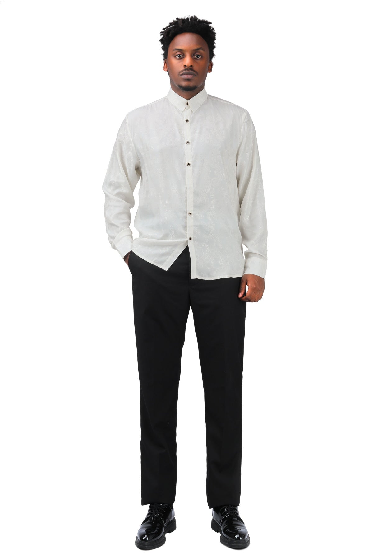 Slim Fit Embroidered White Paisley Shirt