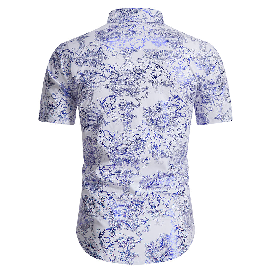 Slim Fit Bronzing Blue Leaves Shirt White