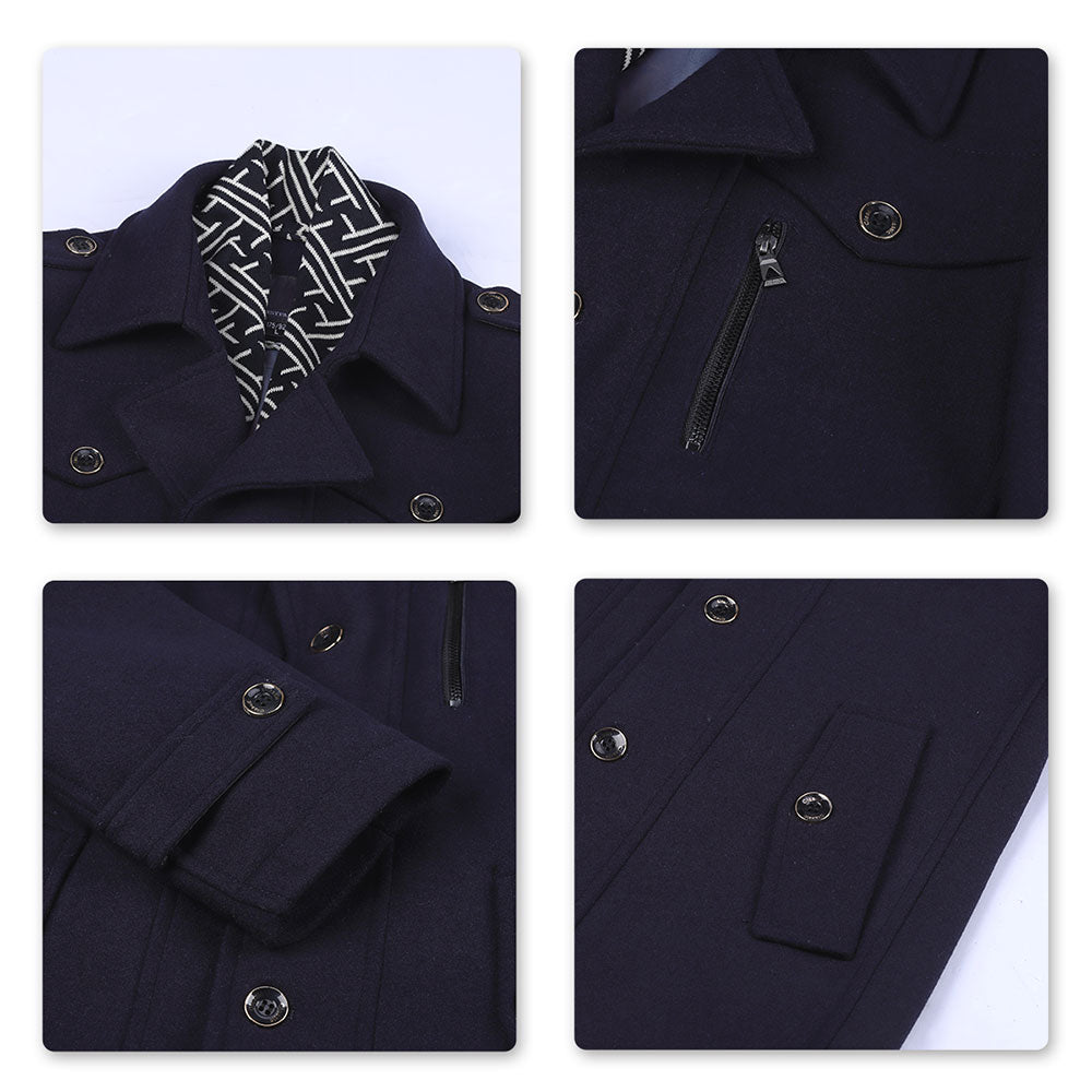 Slim Fit Casual Soild Navy Overcoat With Removable Scarf