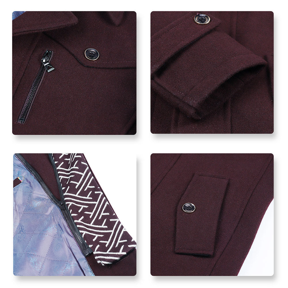 Slim Fit Casual Soild Darkred Overcoat With Removable Scarf