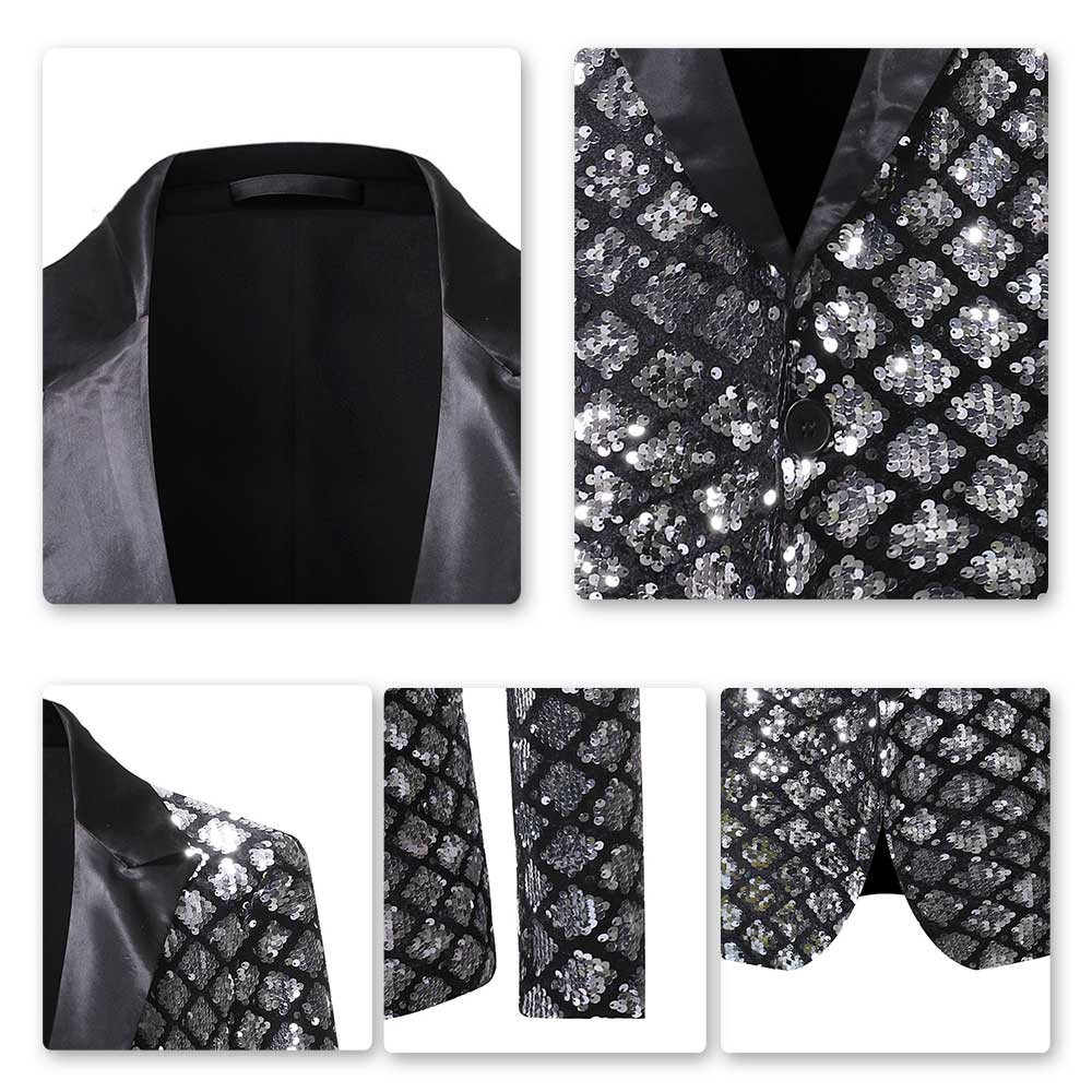 Slim Fit Diamond Check Black Blazer Metal Sequins