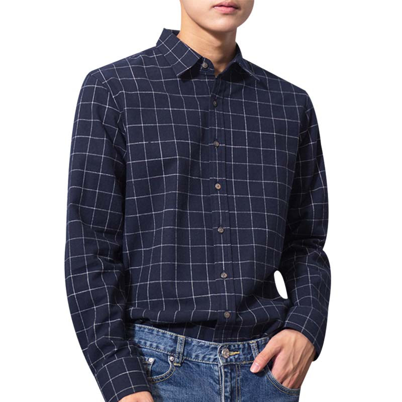 Slim Fit Plaid Cotton Shirt Navy