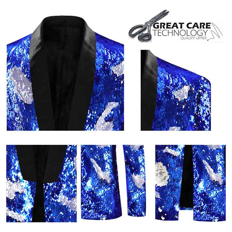 Blue Buttonless Reversible Sequins Satin Collar Blazer