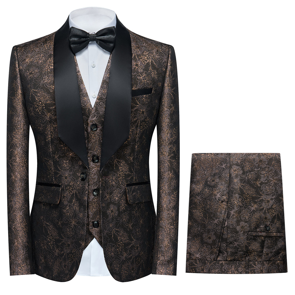 Men's Shawl Collar Print Suit 3-Piece Dress Suit Coffee