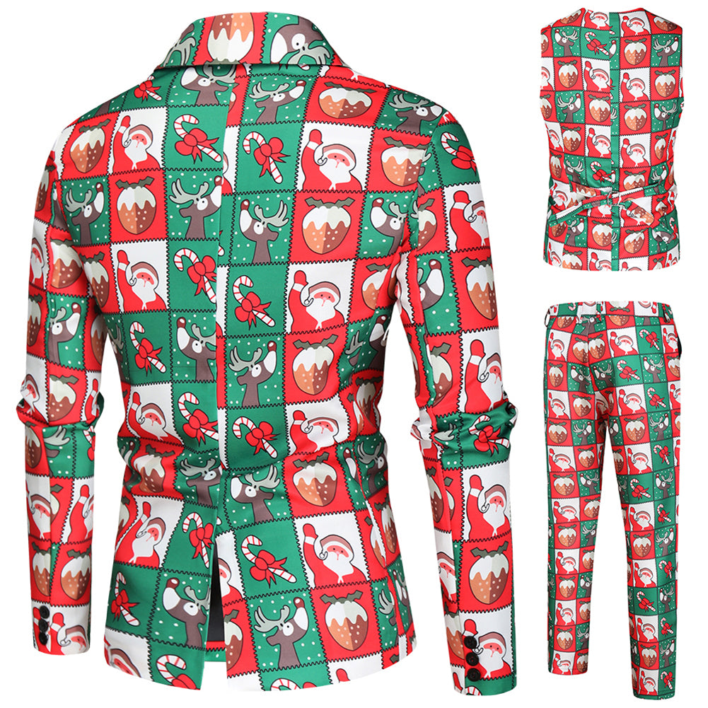 Men's 3-piece Santa Claus Christmas Print Suit Red & Green