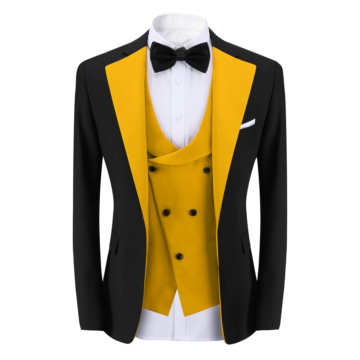 Men's 3-Piece Fashion One Button Color-Blocking Suit Yellow
