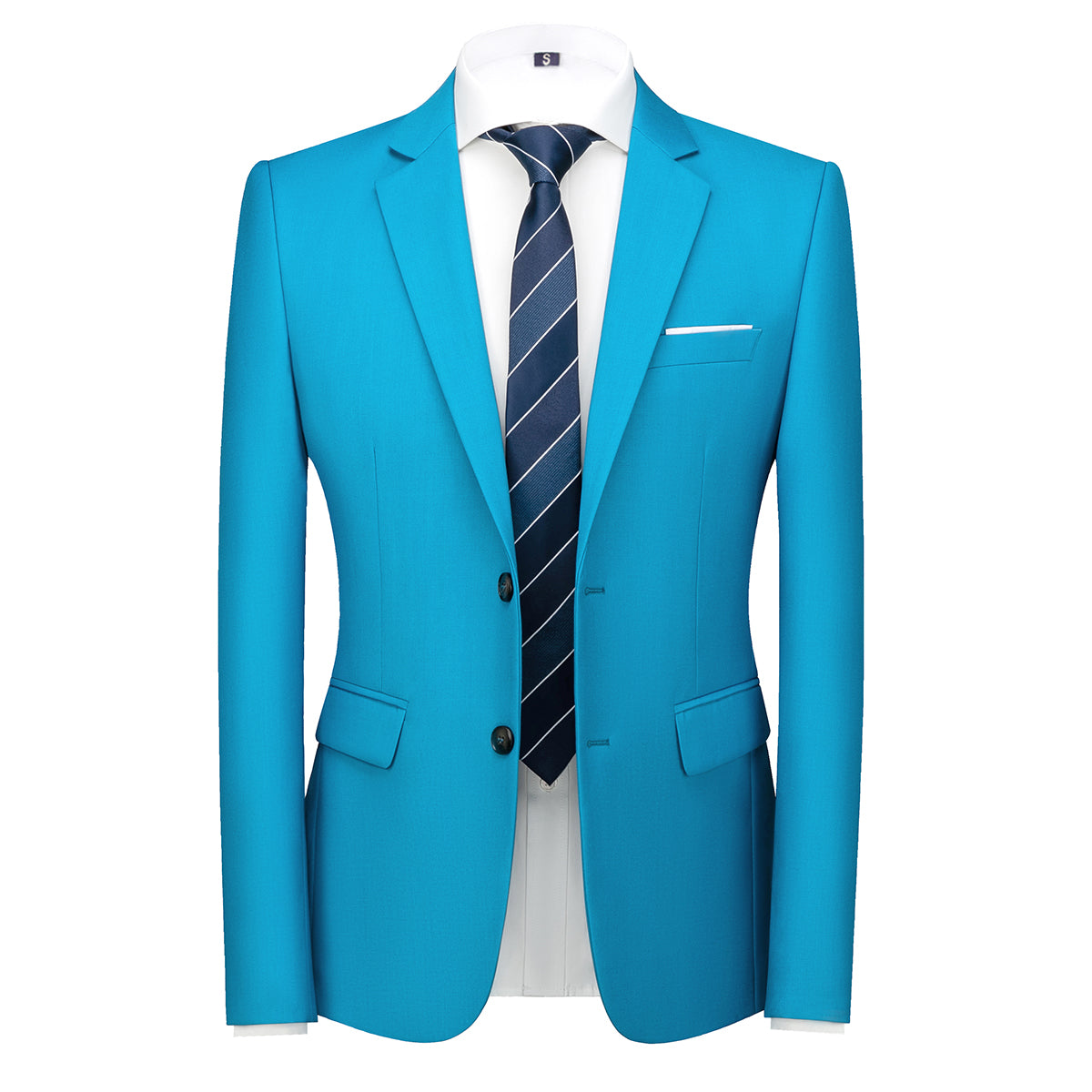 Men's Two-Button Back Slit Lapel Collar 3-Piece Suit Sea Blue
