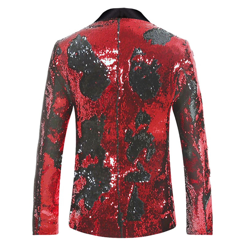 Red Buttonless Reversible Sequins Satin Collar Blazer