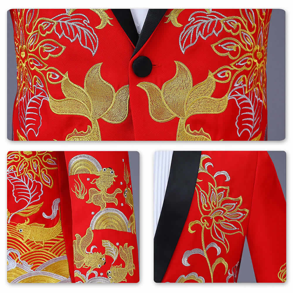 Two Piece Slim Fit Embroidery Red Suit