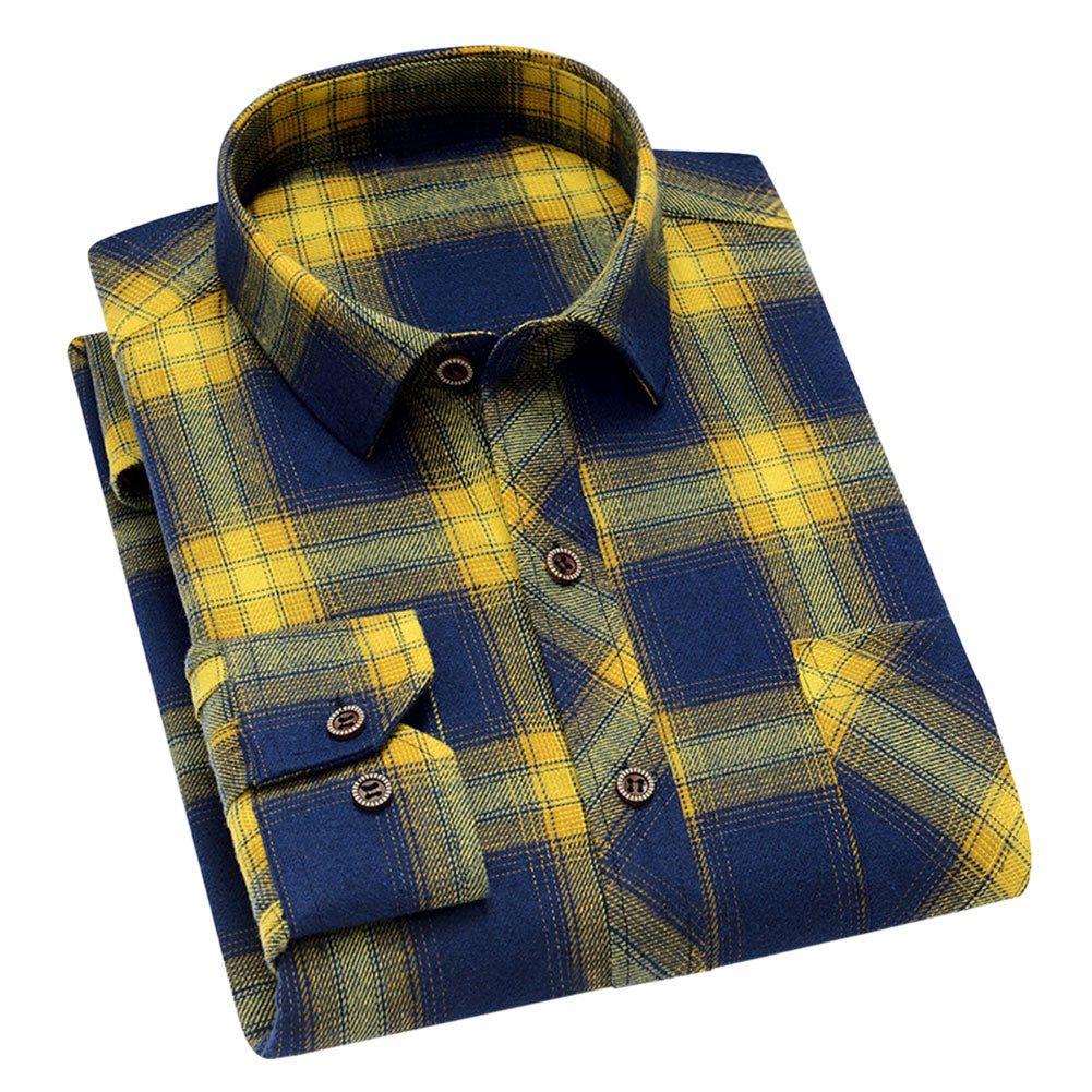 Men's Check Lapel Long Sleeve Shirt Yellow