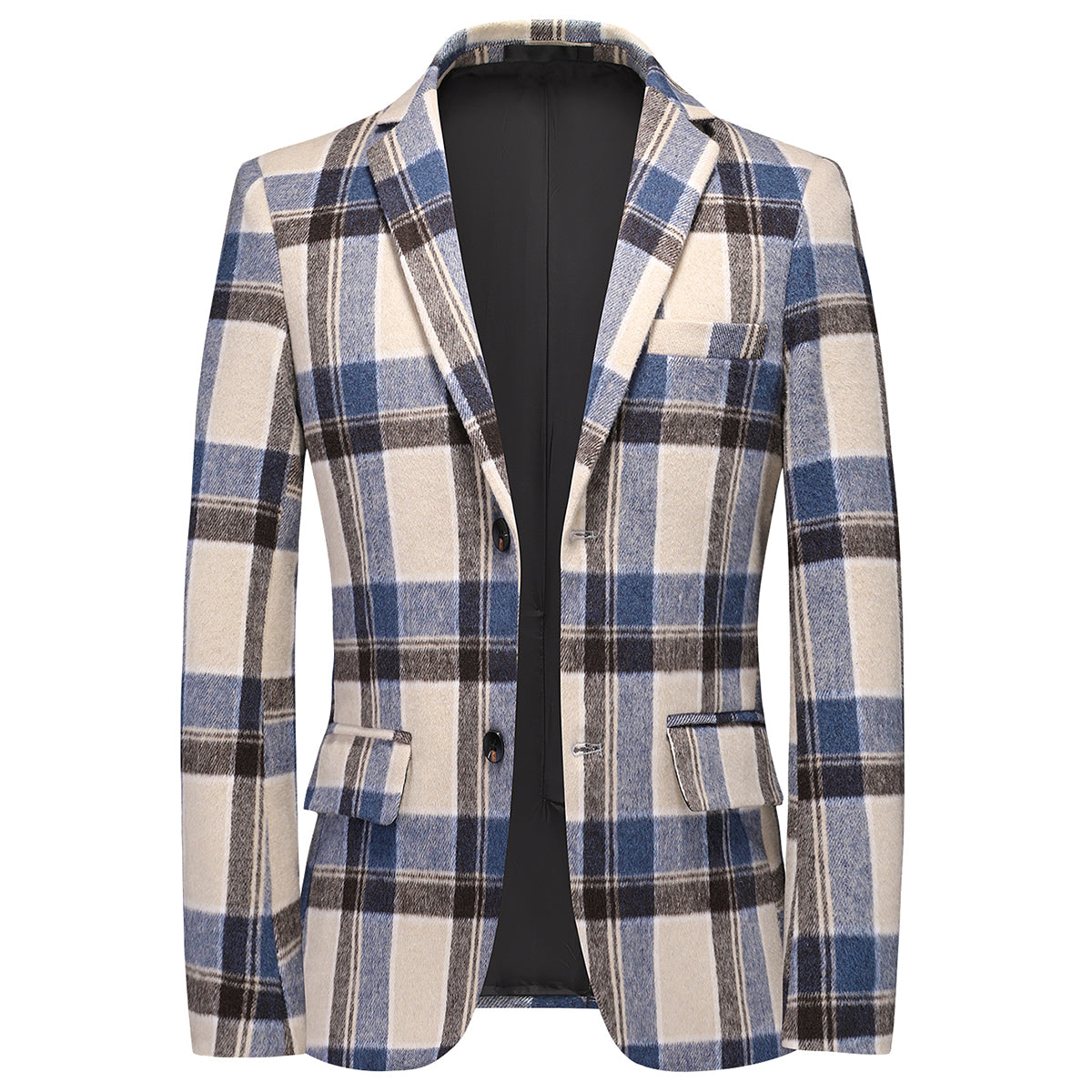 Men's Autumn Jacket Plaid Two Buttons Casual Blazer Blue