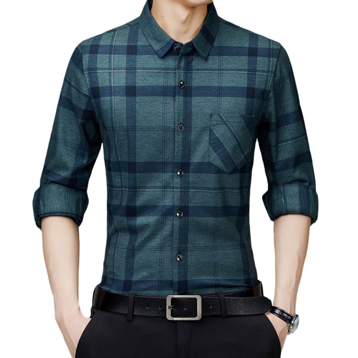 Men's Lapel Long Sleeve Cotton Plaid Shirt Dark Green