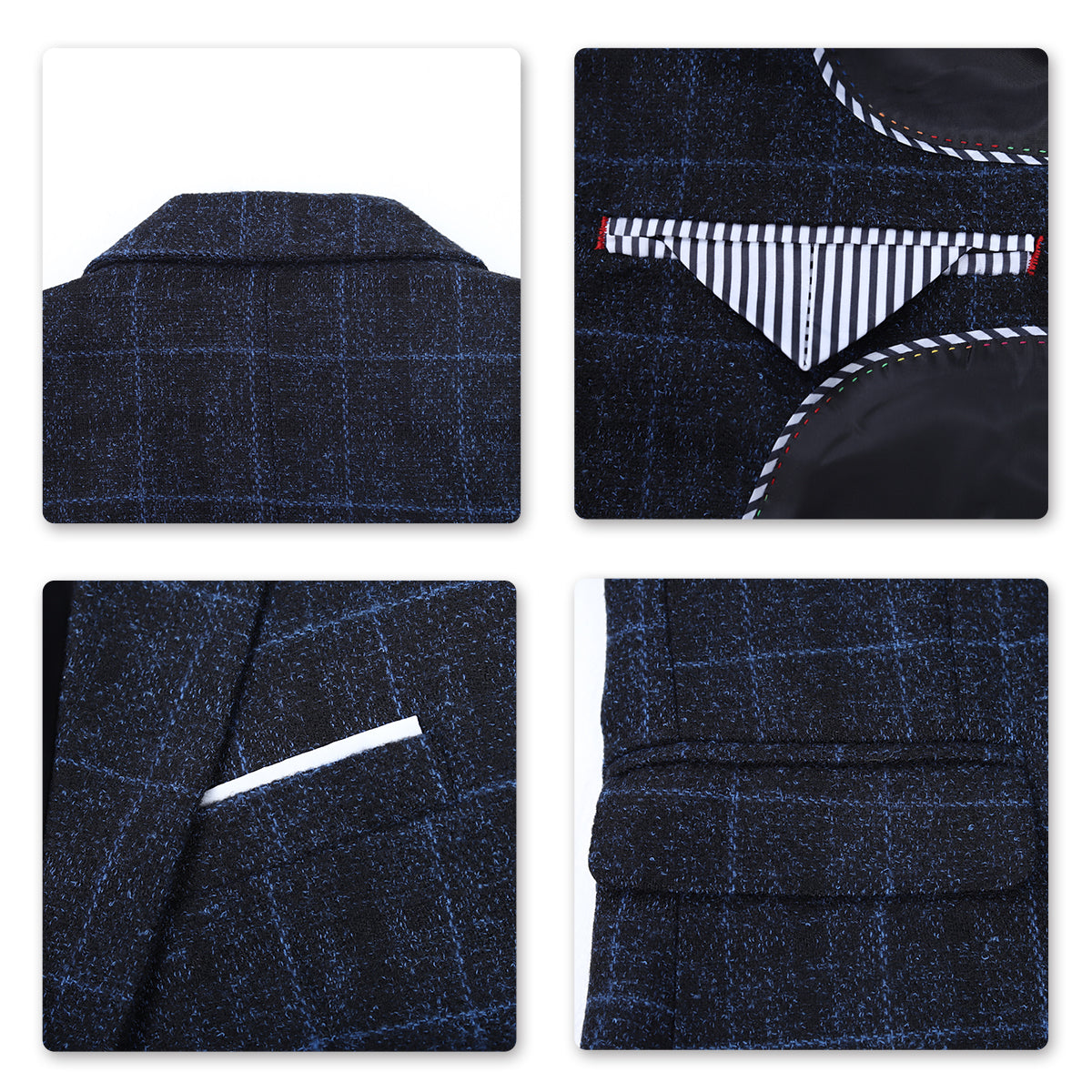 Men's Plaid One Button Wool Suit 3-piece Suit Dark Blue