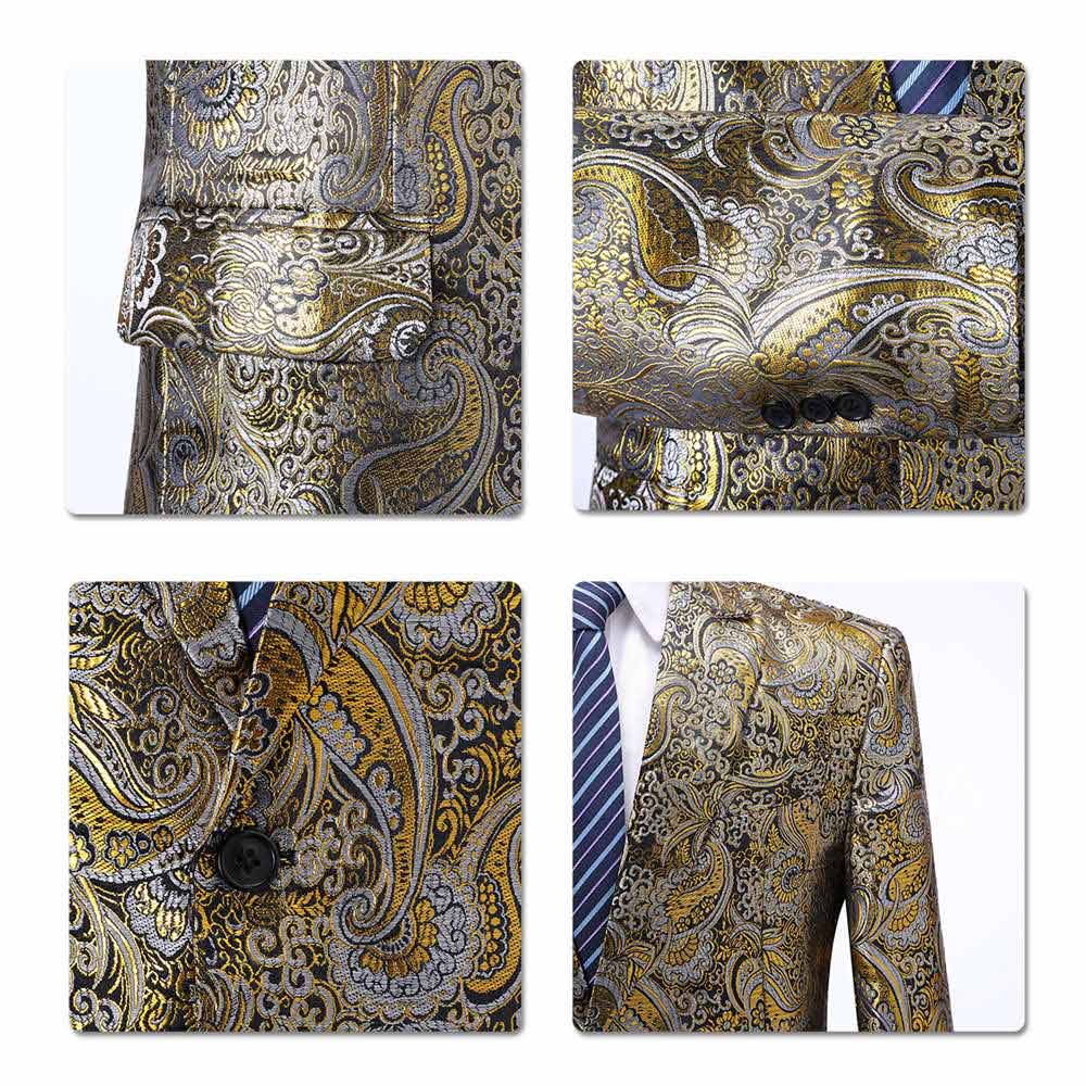 Slim Fit Shiny Print Gold Blazer