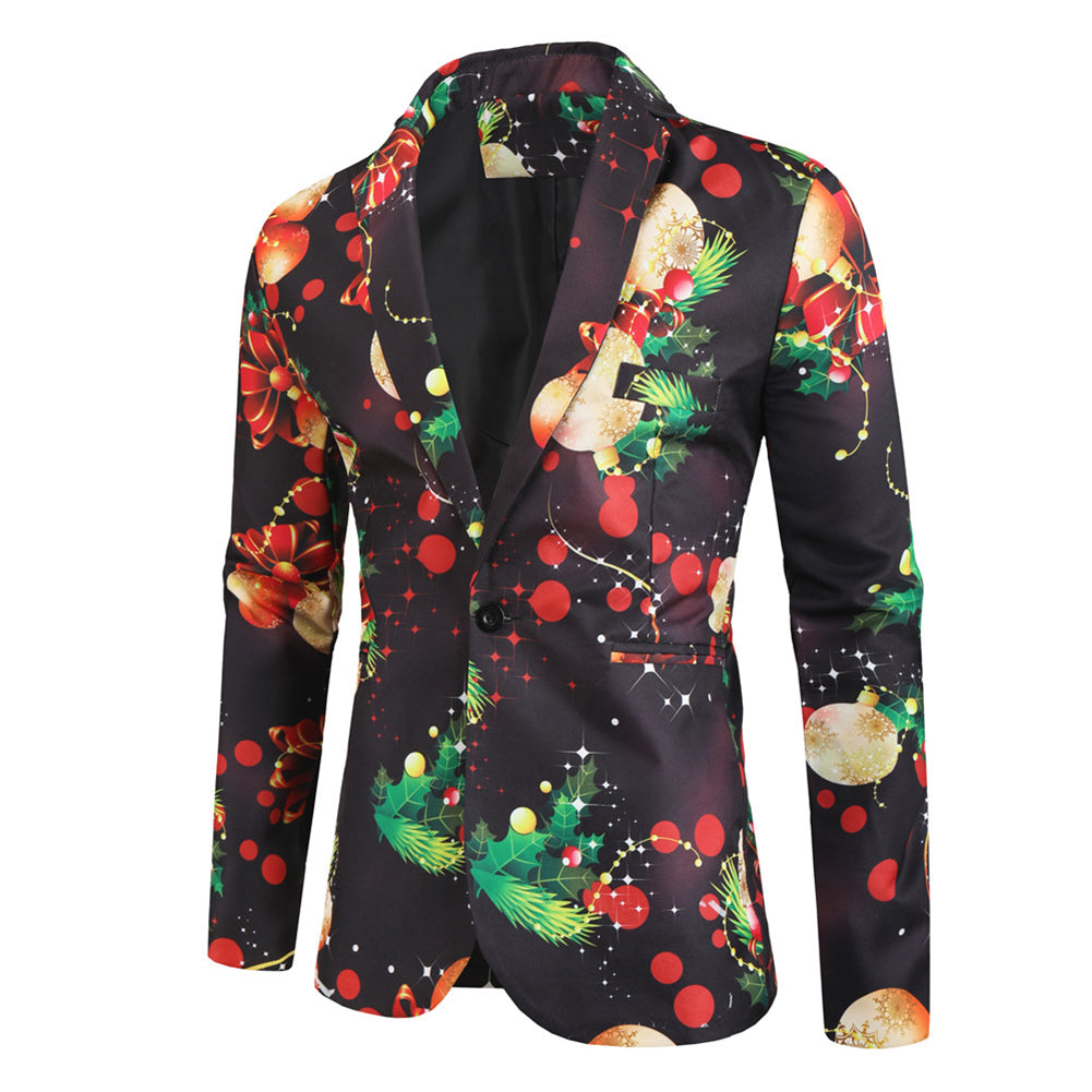 Men's 3-piece Christmas Light Christmas Print Suit Black