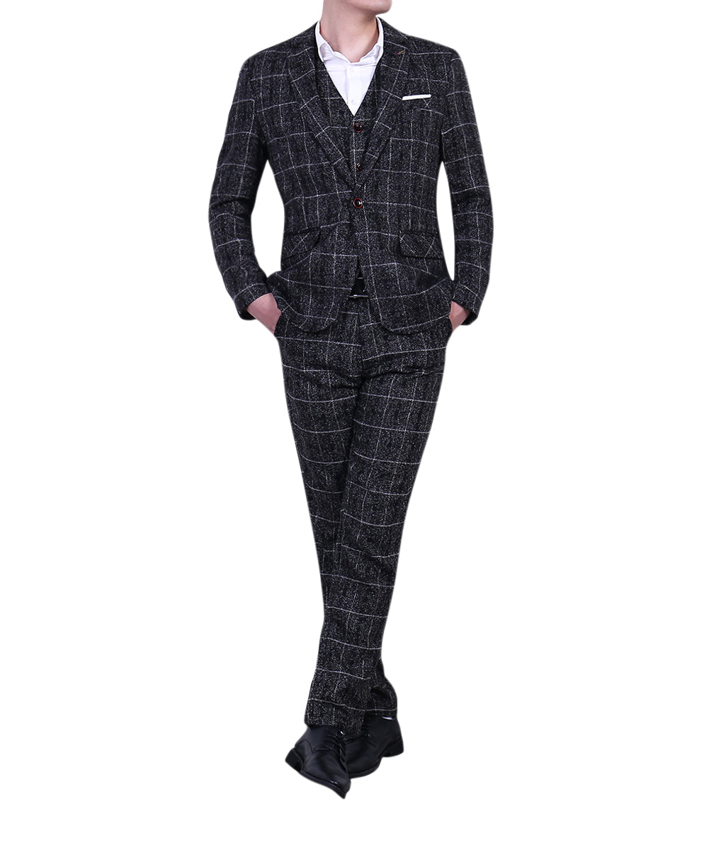 Men's Plaid One Button Wool Suit 3-piece Suit Dark Grey