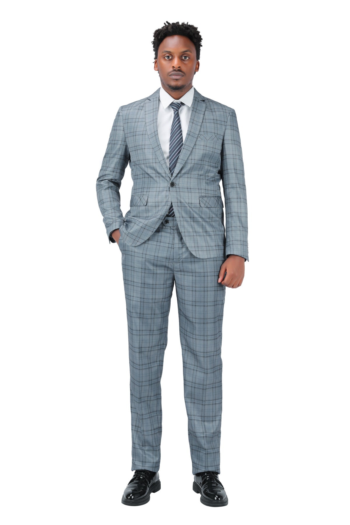 Plaid Stripe Suit Slim Fit 2-Piece Casual Suit Grey