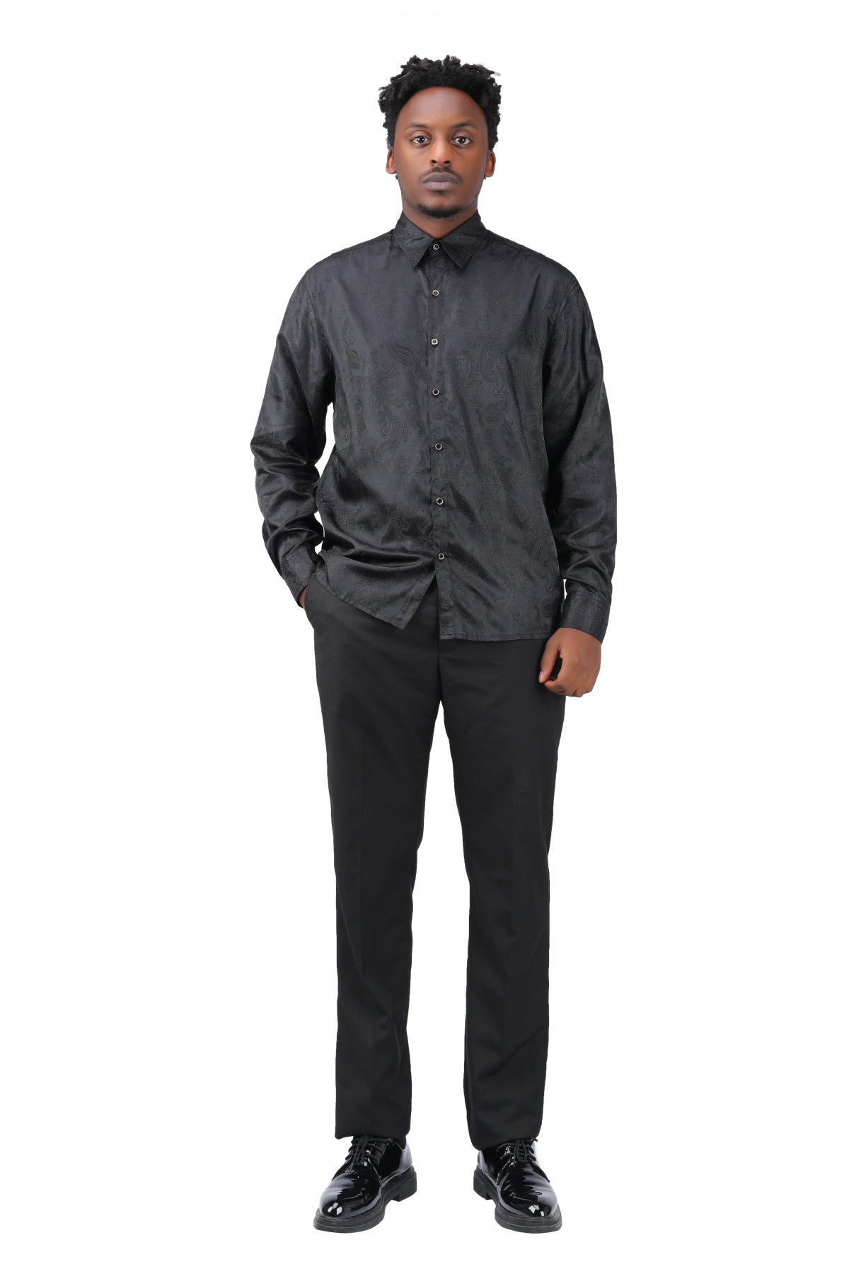 Slim Fit Embroidered Black Paisley Shirt