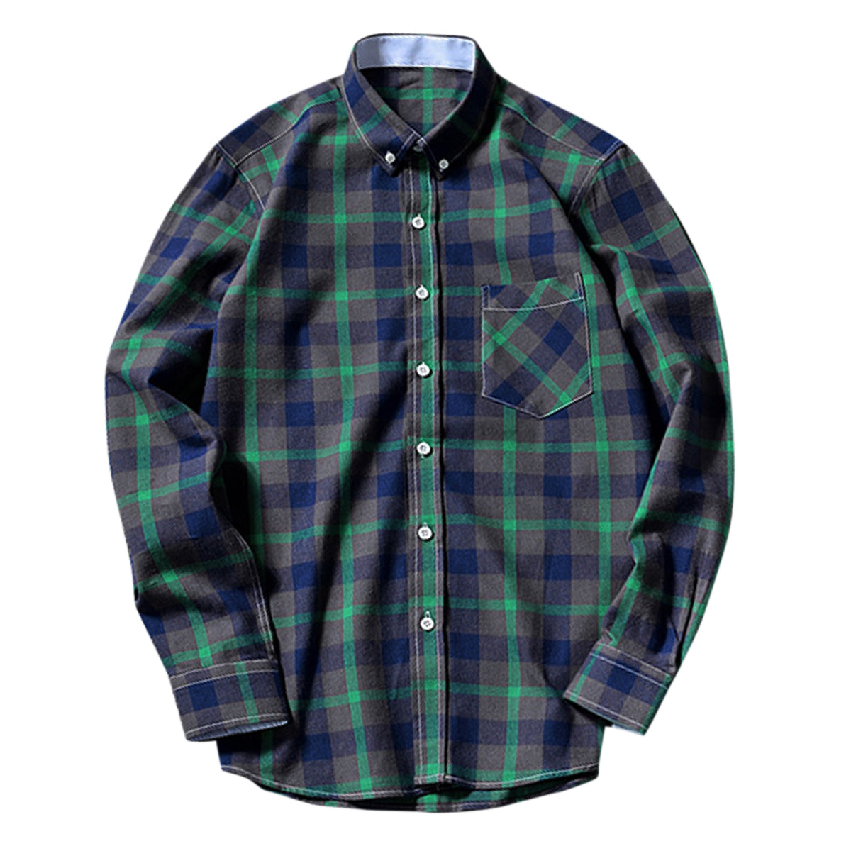 Men's Plaid Pointed Collar Long Sleeve Shirt Dark Green