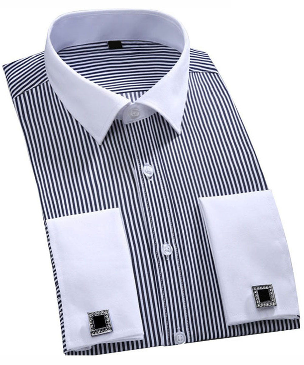 Men's Dress Shirt Slim Fit Button Down Stripe Checked Shirt Black