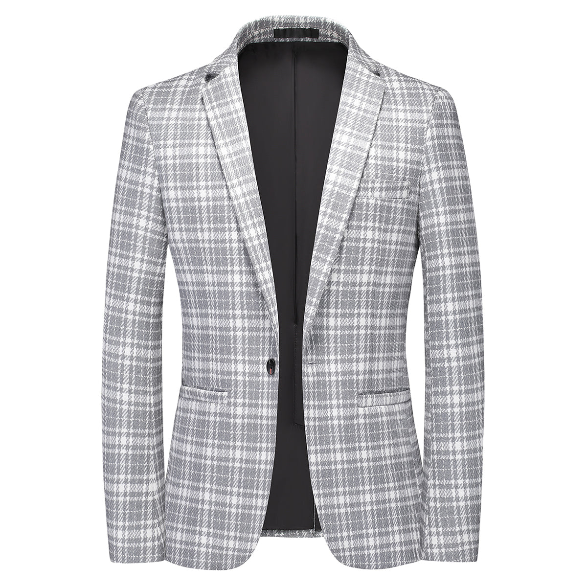 Men's Autumn One Button Casual Plaid Jacket Light Grey