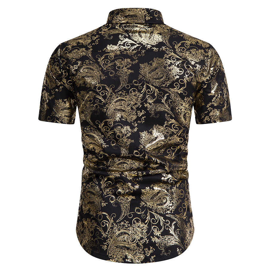 Slim Fit Bronzing Gold Leaves Shirt Black