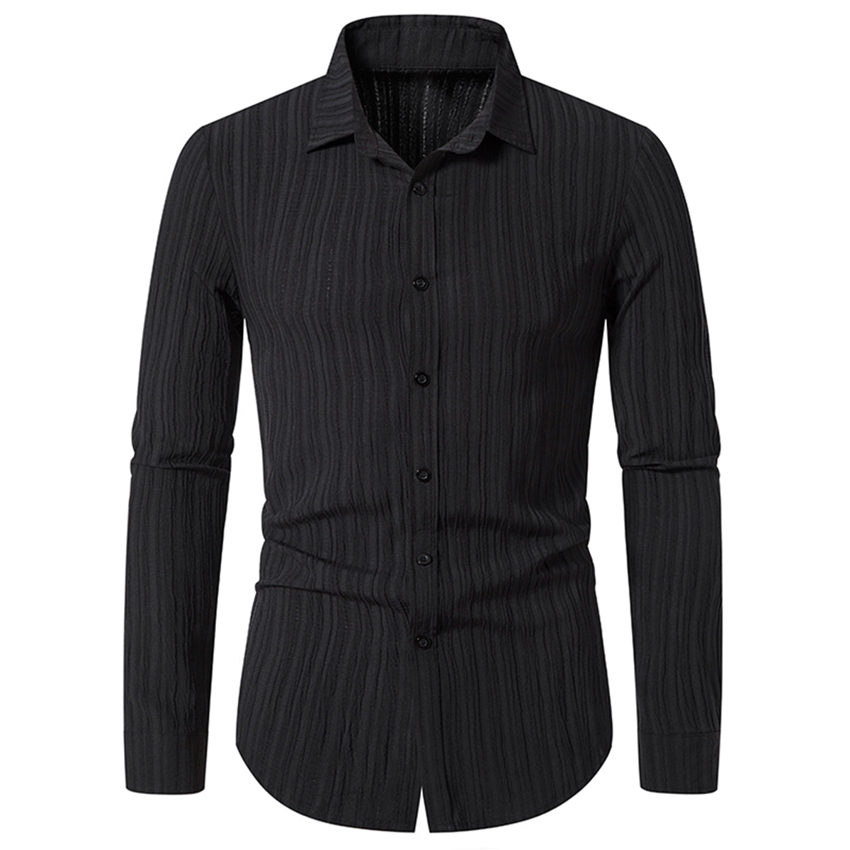 Men's Solid Color Lapel Wavy Long Sleeve Shirt Black