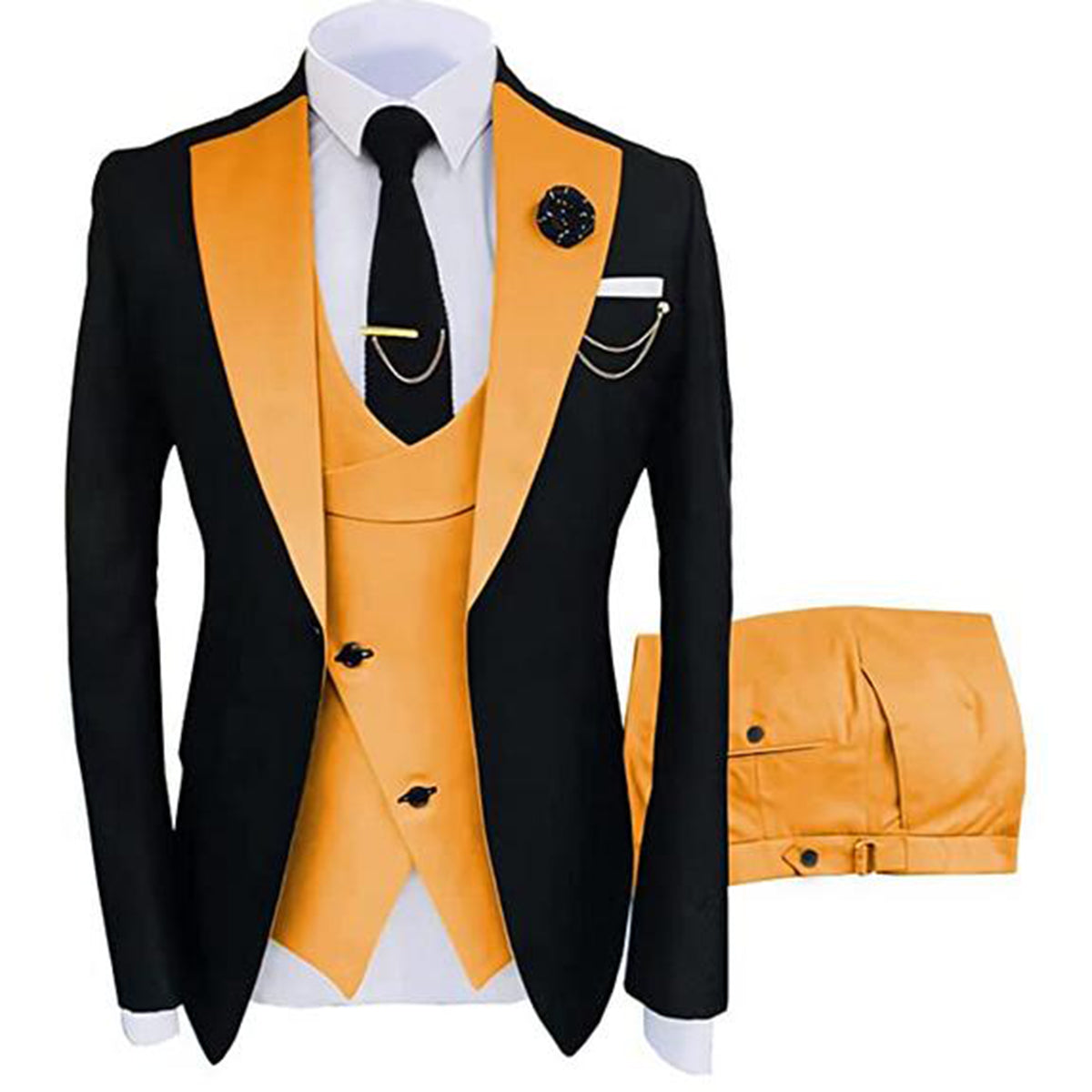 Men's 3-Piece Fashion One Button Color-Blocking Suit Yellow
