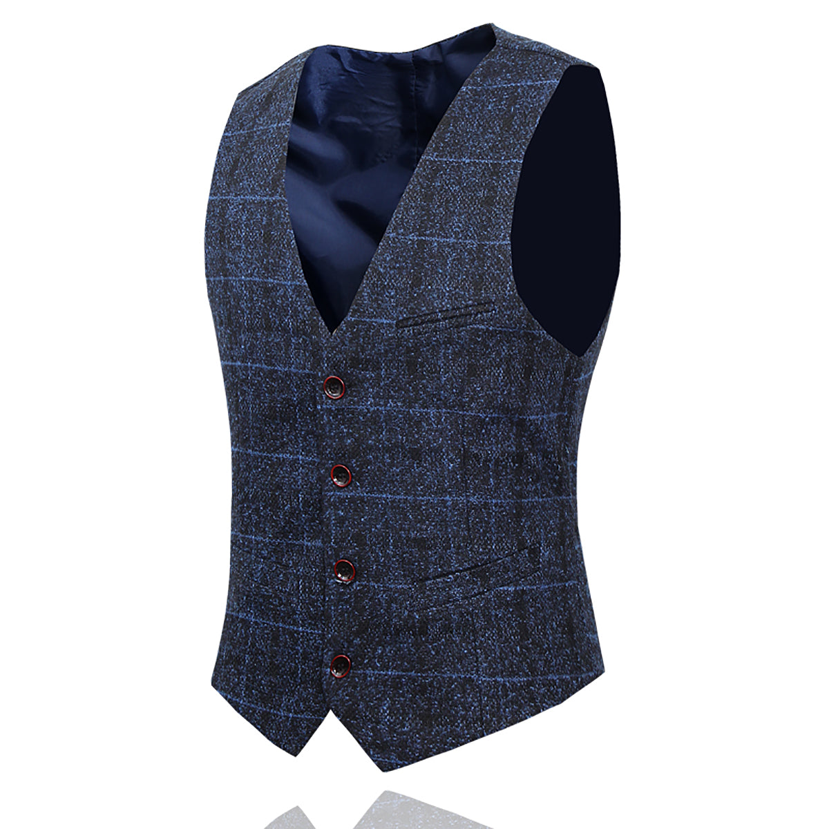 Men's Plaid One Button Wool Suit 3-piece Suit Dark Blue