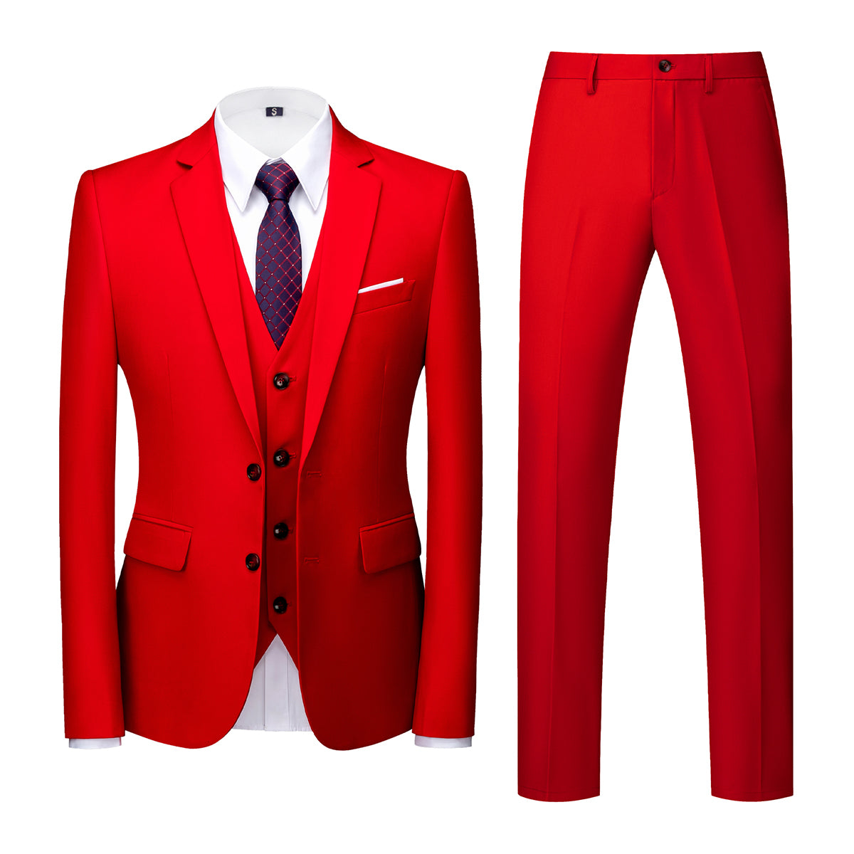 Men's Two-Button Back Slit Lapel Collar 3-Piece Suit Red
