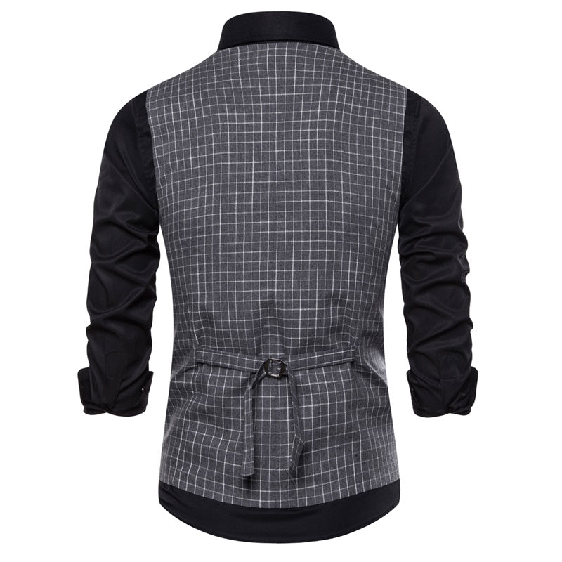 Slim Fit Double Breasted Plaid Grey Vest