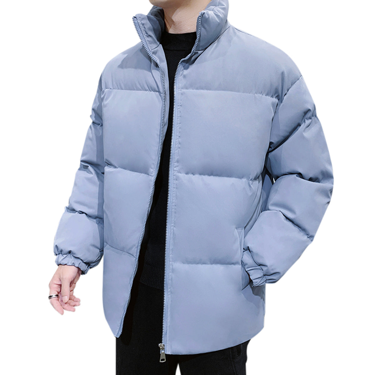 Men's Solid Color Stand Collar Cotton Coat Blue