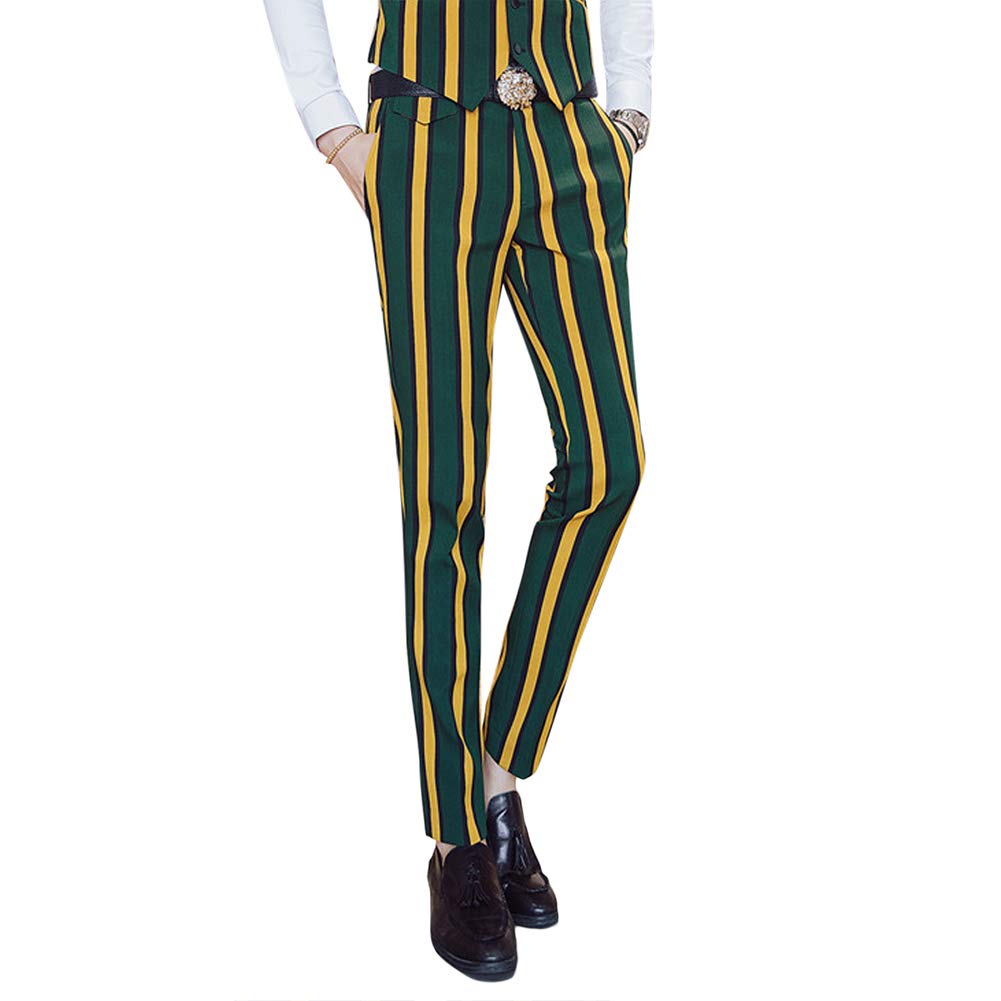 Mens Yellow & Green Striped 3 Piece Suit Slim Fit Tuxedo Blazer Jacket Pants Vest Set