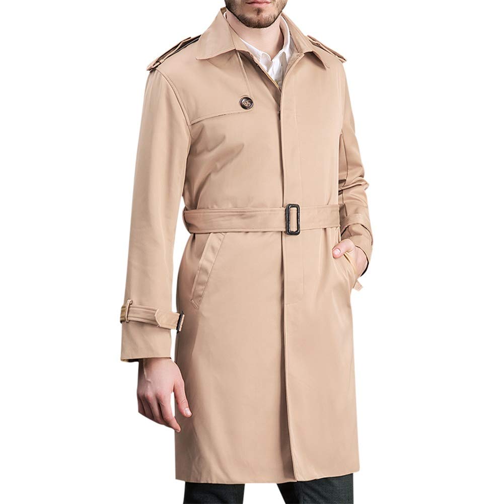 Men's Classic Fit Trench Coat Long Double Breasted Overcoat Outerwear Pea Coat Khaki