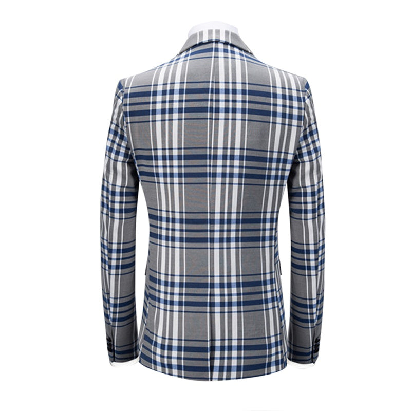 Three Piece Slim Fit Casual Plaid Grey Suit