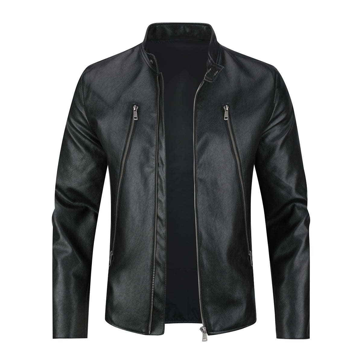 Men's Leather Jacket Casual Zip Up Motorcycle Outwear Black 2