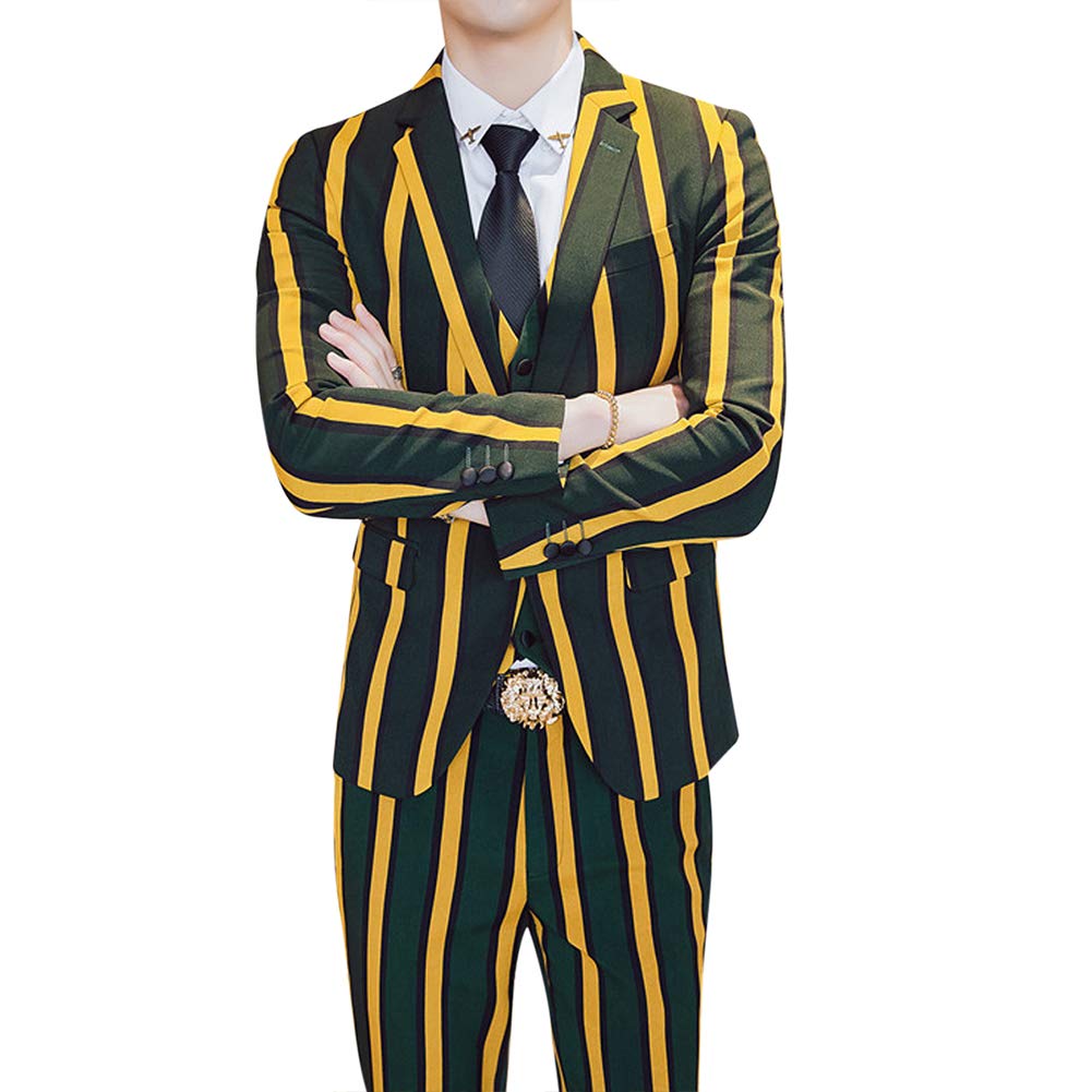 Mens Yellow & Green Striped 3 Piece Suit Slim Fit Tuxedo Blazer Jacket Pants Vest Set
