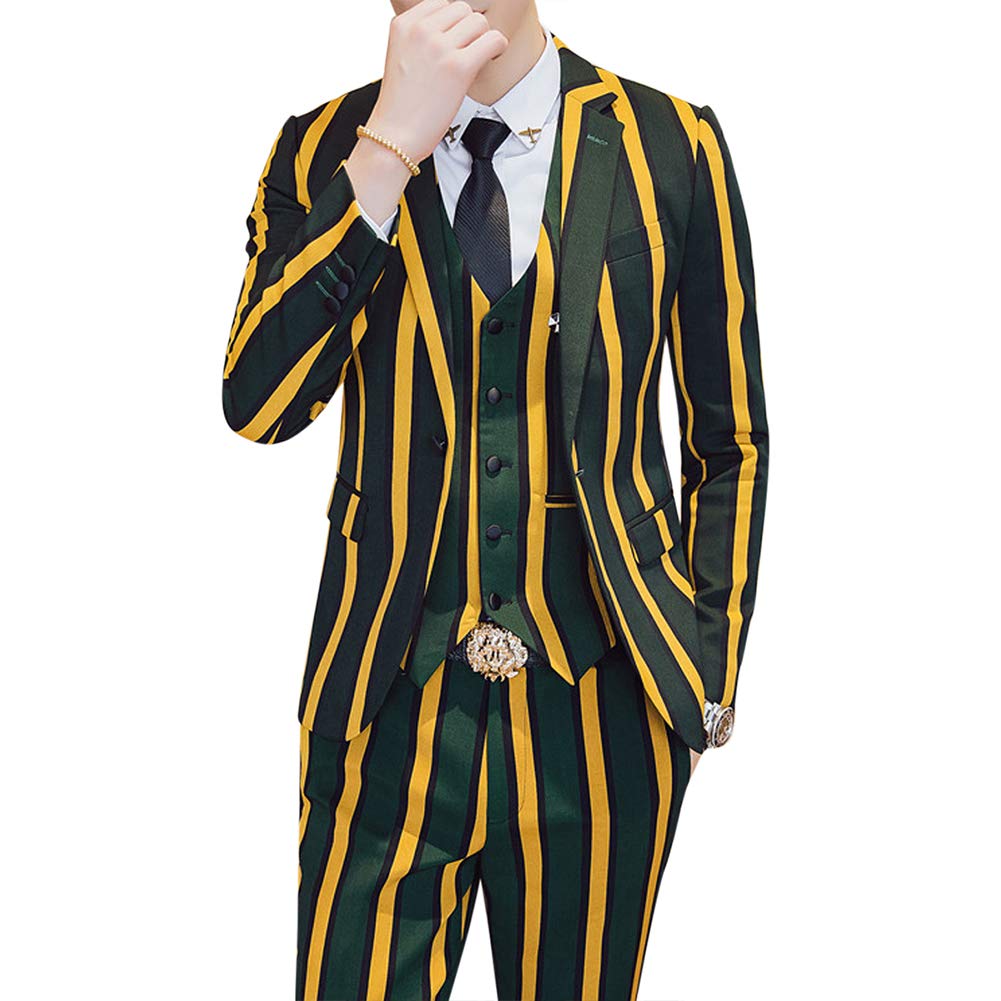 Mens Yellow & Green Striped 3 Piece Suit Slim Fit Tuxedo Blazer Jacket Pants Vest Set
