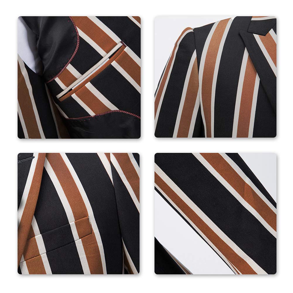 Mens Coffee & Black Striped 3 Piece Suit Slim Fit Tuxedo Blazer Jacket Pants Vest Set
