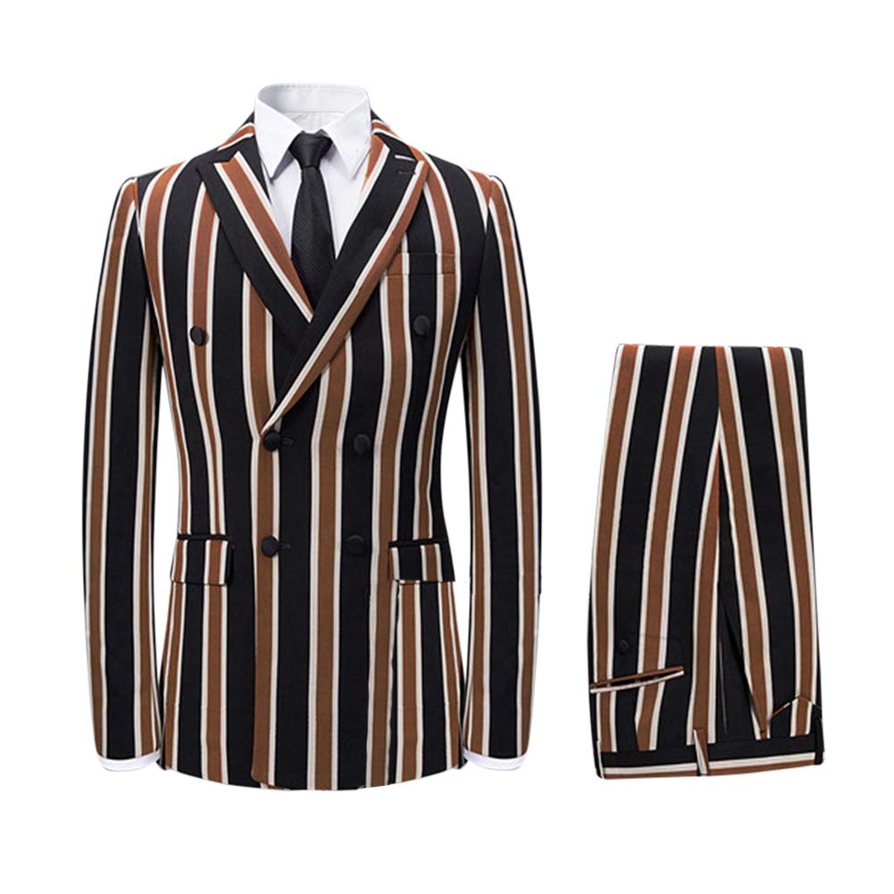 Mens Coffee & Black Striped 3 Piece Suit Slim Fit Tuxedo Blazer Jacket Pants Vest Set