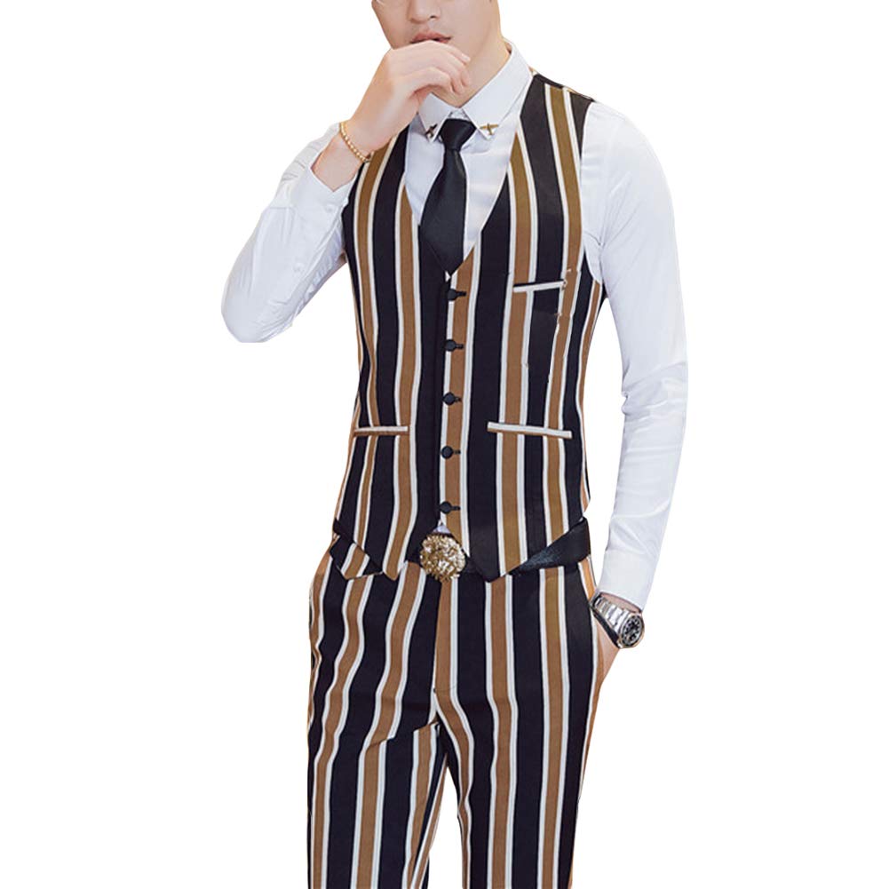 Mens Coffee & Black Striped 3 Piece Suit Slim Fit Tuxedo Blazer Jacket Pants Vest Set