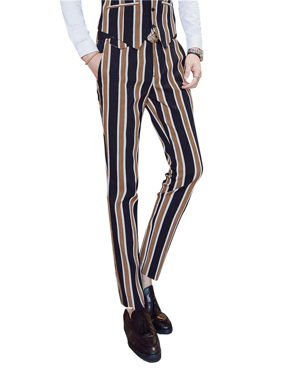Mens Coffee & Black Striped 3 Piece Suit Slim Fit Tuxedo Blazer Jacket Pants Vest Set