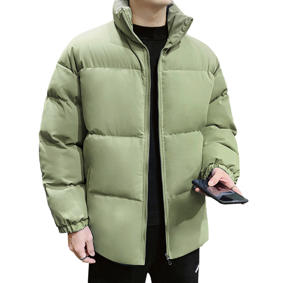 Men's Solid Color Stand Collar Cotton Coat Green