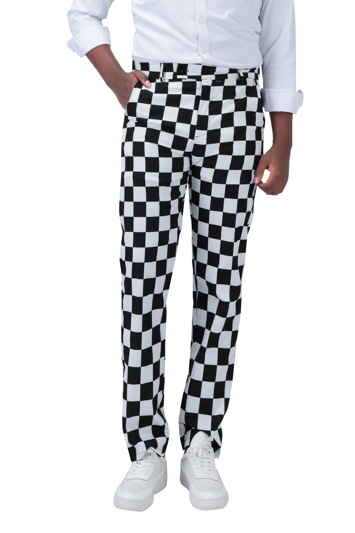 Men's Black and White Check Straight Casual Trousers