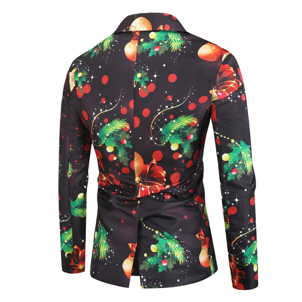 Men's 3-piece Christmas Light Christmas Print Suit Black